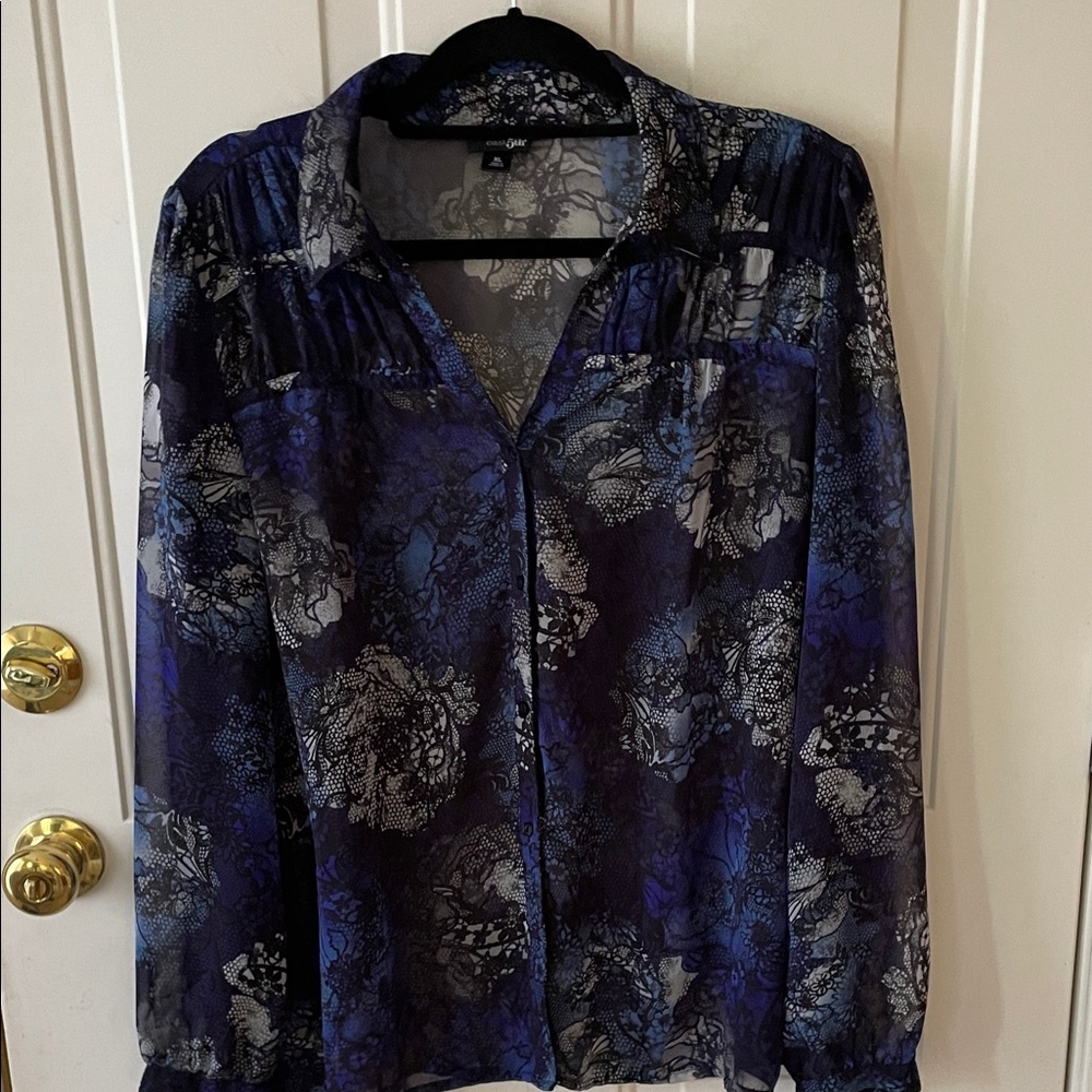 East 5th Navy and Black Floral Sheer Button-Down Blouse